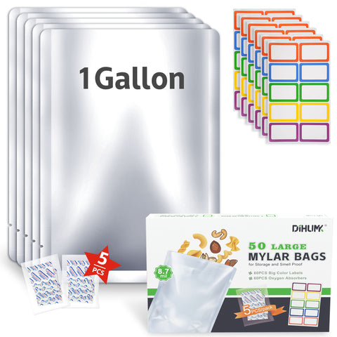 Mylar Bags 1 Gallon with 400CC Oxygen Absorbers for Food Storage Long Term 8.7 Mil Aluminum Foil and Stickers Labels (10"x14" 50Pcs)